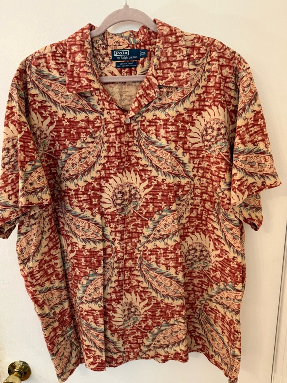 Ralph Lauren Red and Cream Leaf-Print Short-Sleeve Button-Down Shirt
